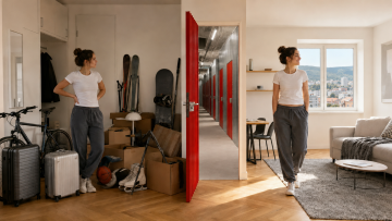 Tânără în același apartament mic din Cluj-Napoca înainte și după organizare, cu un coridor City Storage între cele două scene