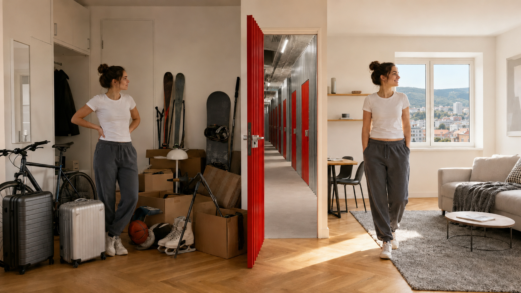 Tânără în același apartament mic din Cluj-Napoca înainte și după organizare, cu un coridor City Storage între cele două scene