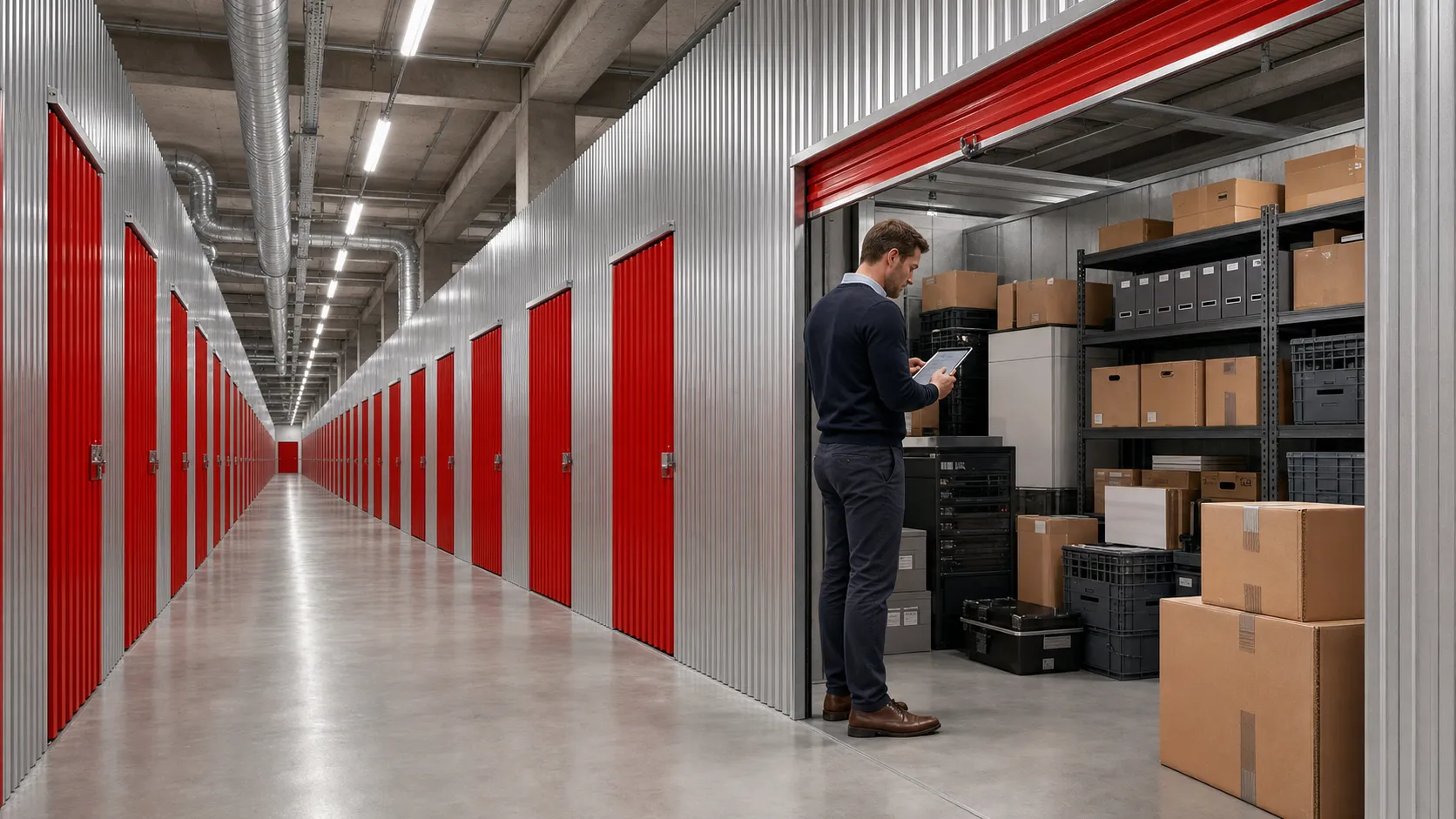 Închiriere spațiu de depozitare pentru firme în Cluj – culoar de depozite City Storage